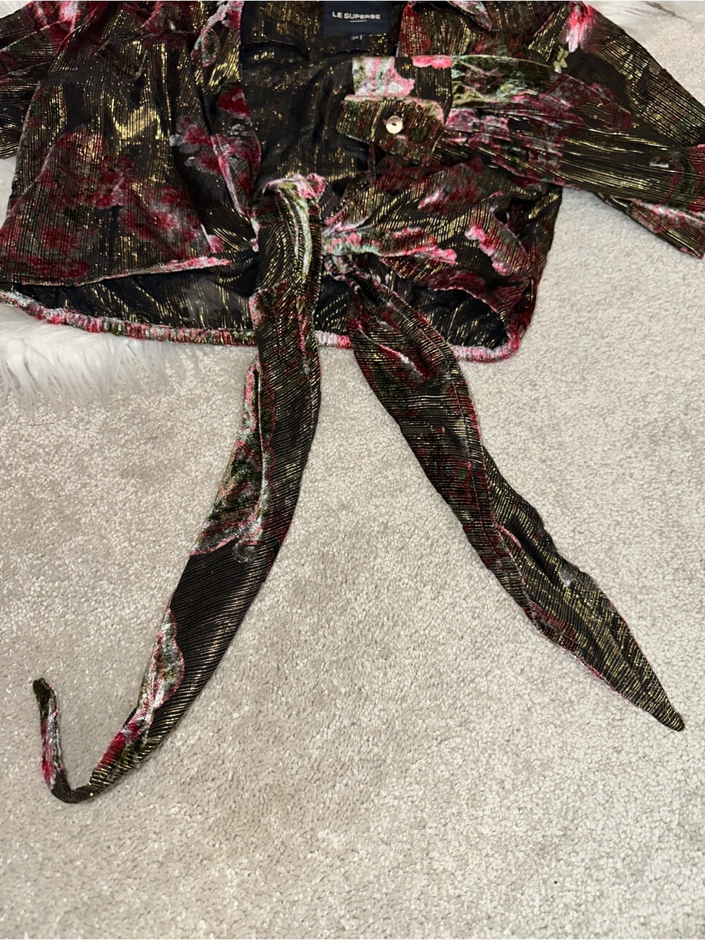 Le Superbe Velvet Floral Blouse in Olive & Pink - Picture 12 of 16